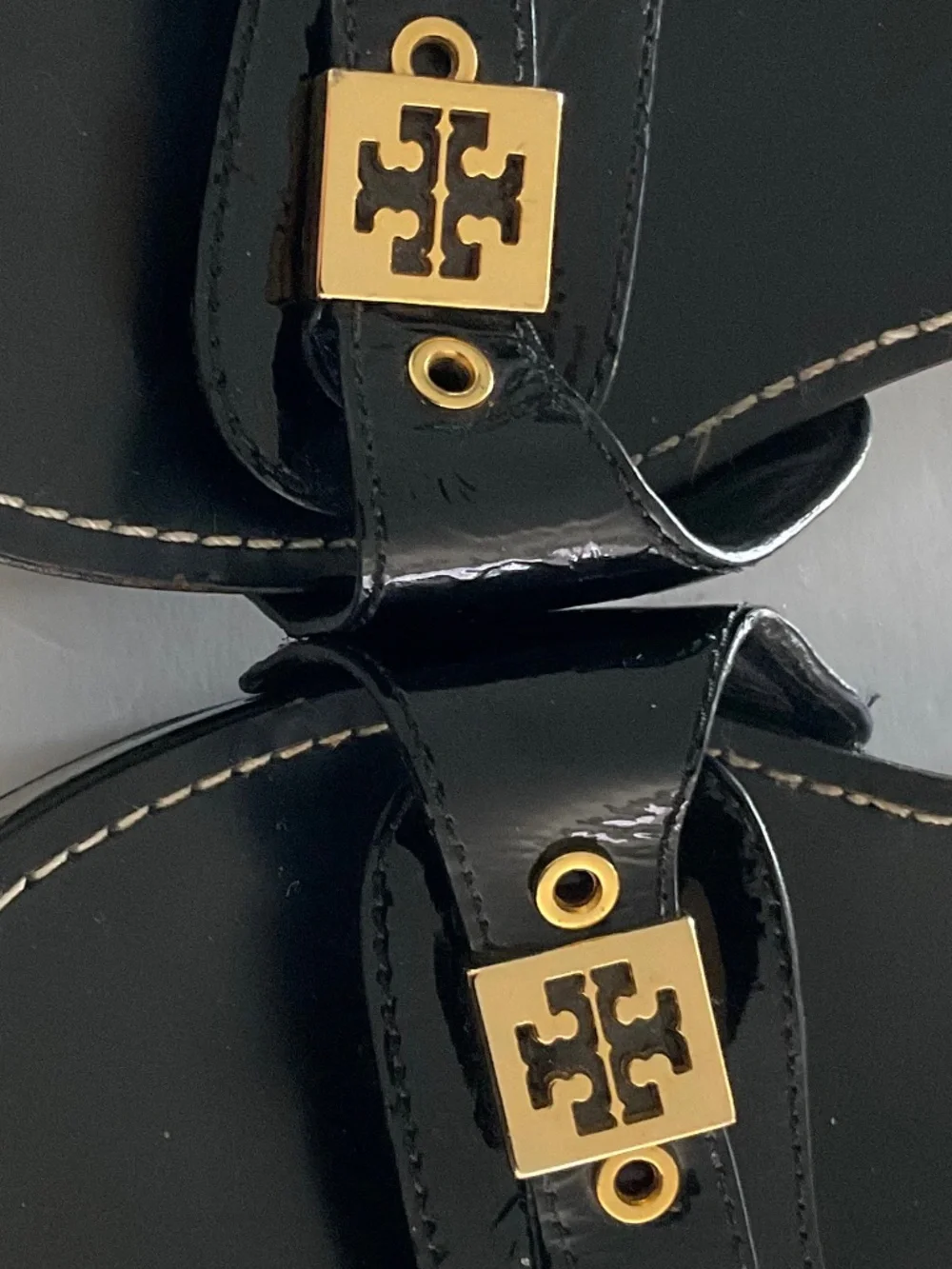 TORY BURCH Rosie Logo Buckle Platform Wedge Sandals in Black Patent  Size 8.5